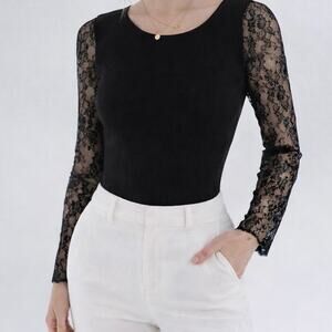 Women’s Black Lace Long Sleeve Cut Out Back Bodysuit Size Medium